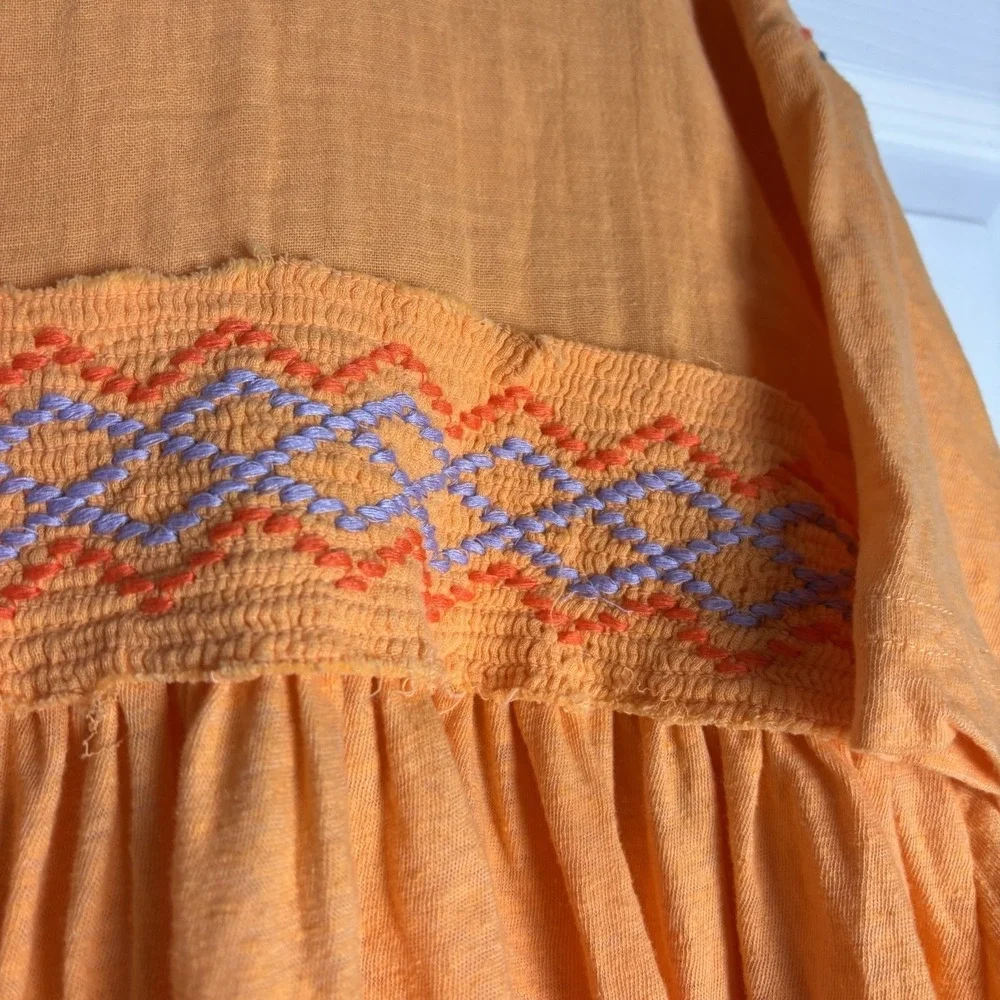 Free People Top Embroidered Tie Neck Carrot Ginger S‎ Flowy Boho Peasant